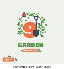 Orange number 9 logo with leaves. Symbol of nature, gardens, florists, health and natural beauty.