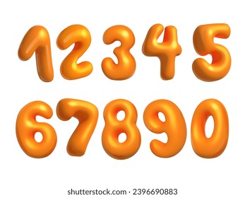 Orange numbers from 0 to 9. Voluminous comic numbers. Bubble style font. Realistic 3d design. vector illustration