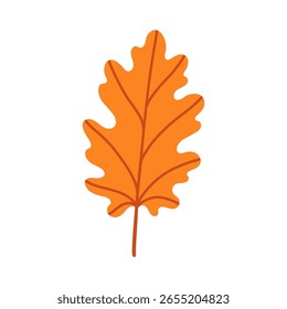 Hoja de roble anaranjado aislada sobre fondo blanco. Hoja de otoño simple para el patrón, Anuncio, etiqueta engomada. Hola tarjeta de otoño. Ilustración vectorial plana.