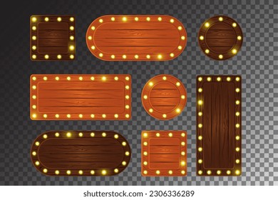 Orange and oak wooden bulb light game board cartoon vector ui design. Marquee wood texture signboard button template set for rustic vegas label. Theater or broadway billboard with neon flare