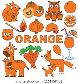 Orange Objects Color elements set, collection of coloring book template, the group of outline digital elements vector illustration, kid educational game page.