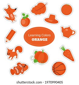 Orange objects. Learning Colors. Color Worksheet. Education set. Illustration of primary colors.