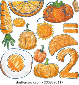 Orange objects in Pencil Colour Sketch Simple Style illustration