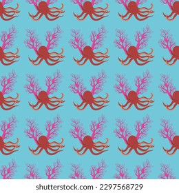 Orange octopus with corals in cartoon style. Seamless pattern. Vector illustration.