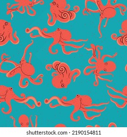 orange Octopus hand drawn seamless summer sea animal pattern design art illustration