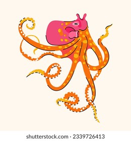 Orange octopus isolated on white background. Ocean underwater marine wild life vector illustration