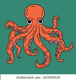 Orange octopus on blue backround. vector illustration.