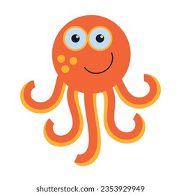 Orange octopus with tentacles. Cute wild animal cartoon illustration. Wildlife and zoo concept. Colored flat vector isolated on white background