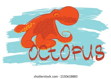 Orange octopus and "octopus" text on white background, vector illustration