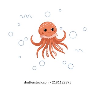 Orange octopus underwater. Representatives of underwater world and wild animals. Stickers for social networks, design element for printing on childrens clothes. Cartoon flat vector illustration