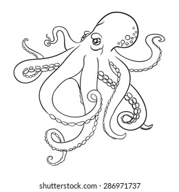 Orange octopus. Vector illustration of cartoon ocean animal. Octopus icon. Hand drawn logo. 