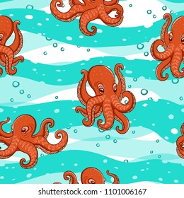 Orange octopuses on the background of sea waves. Decorative seamless pattern.