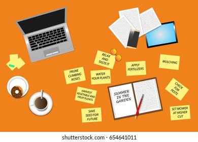 Orange office desk top view with supplies, coffee cup and donut. Around the open notepad with the Summer in the garden sign are a yellow notepads with the task you need to do in the summer garden. 