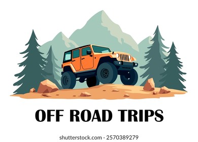 An orange off-road jeep climbing rocky terrain surrounded by pine trees and mountains. Perfect for outdoor adventure themes, travel concepts, and off-road vehicle advertisements.