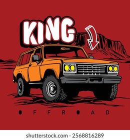 Orange off-road king vehicle driving on rugged desert trail with bold red background. Adventure concept
