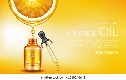 Orange oil cosmetics bottle with pipette ad banner. Vitamin С organic anti aging serum, fruit acid product package mockup background. Natural eco skin care cosmetic. Realistic 3d vector illustration