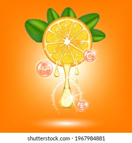Orange oil, Drop Vitamin С and Collagen organic anti aging serum, fruit acid product. Natural eco skin care cosmetic. Realistic 3d vector EPS10 illustration.