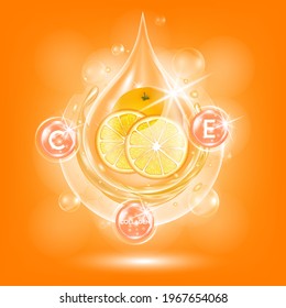 Orange oil, Drop Vitamin С, E and Collagen organic anti aging serum, fruit acid product. Natural eco skin care cosmetic. Realistic 3d vector EPS10 illustration.