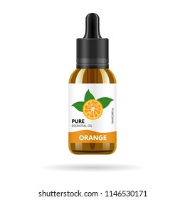 Orange oil in glass jar. Vector packaging design template and emblem - beauty, medical and cosmetic oil. Mock up vial of orange oil essence