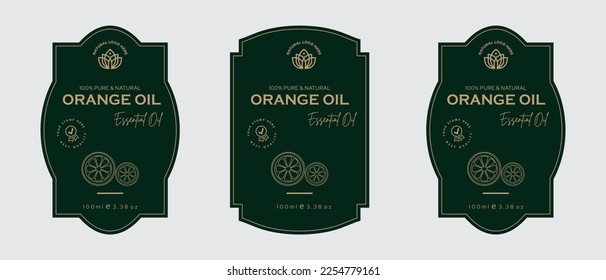 Orange oil label design cosmetic products label for skin care and beauty, herbal ingredients. Citrus Labels with sketches, and package emblem. Green gold premium vector illustration.