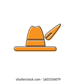 Orange Oktoberfest hat icon isolated on white background. Hunter hat with feather. German hat.  Vector Illustration