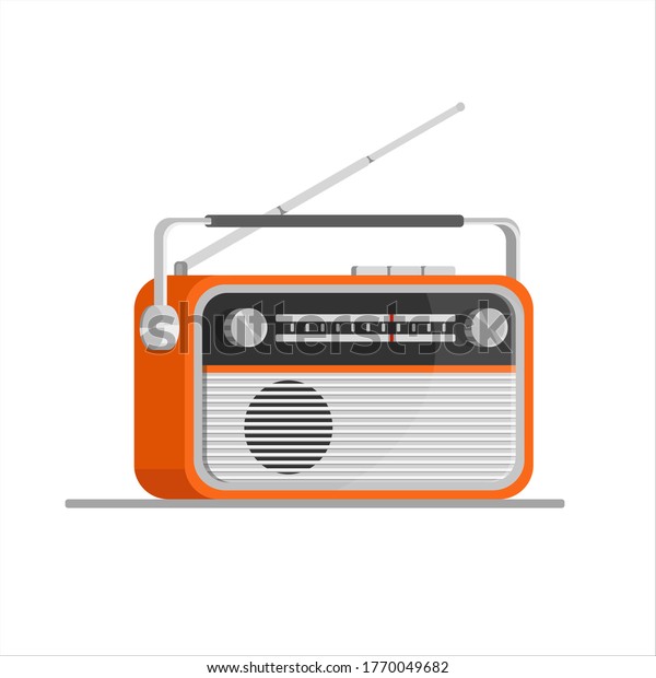 Orange old radio tuner. Vector\
illustration of vintage radio receiver, flat style. Retro radio.\
