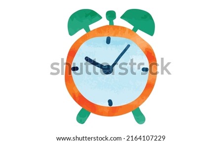 Orange old style alarm clock watercolor illustration isolated on white background. Watercolor alarm clock hand drawn. Simple alarm clock clipart
