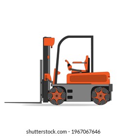 Elevador de horquilla omnidireccional naranja aislado sobre fondo blanco. Almacenamiento en almacén. Ilustración vectorial.  