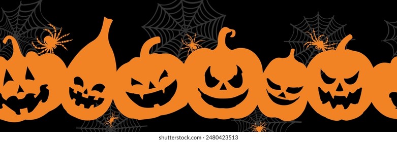 Naranja sobre calabazas negras silueta Halloween Anuncio de fondo con Jack o linterna y araña Web