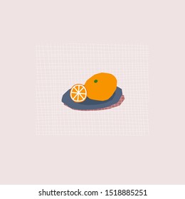 Orange on blue plate shadow pink table fruits food citrus vitamine cold season winter illustration. Cute, simple vector postcard graphic design paper cutout letters geometric style print