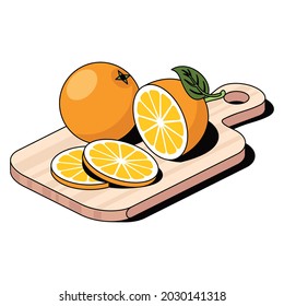 Orange on a cutting board. Vector 3d sketch line isometric, color icon illustration, flat style. Creative design idea and elements for infographics and website.