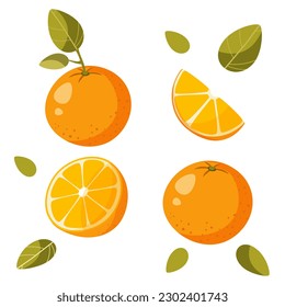 naranja sobre un fondo blanco con una hoja, sin hoja. ilustración vectorial. cosecha naranja. naranja en rodajas, cuarto de naranja.