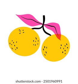 Orange sur fond blanc. Tangerine jaune. Feuilles roses. Doodle. Illustration pour enfants à plat