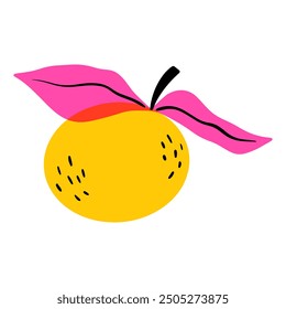 Naranja sobre fondo blanco. Mandarina amarilla. Hojas rosadas. Doodle. Niños planos