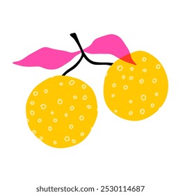 Orange on white background. Yellow tangerine. Pink leaves. Doodle. Kids flat illustration