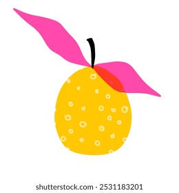Naranja sobre fondo blanco. Mandarina amarilla. Hojas rosadas. Ilustración plana para niños