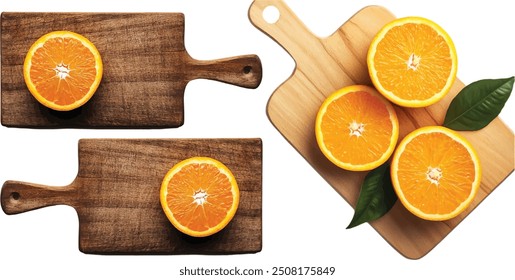 orange on wooden cutting board isolated