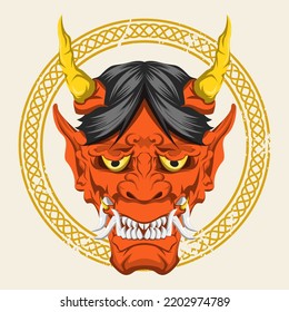 orange oni mask cartoon vector