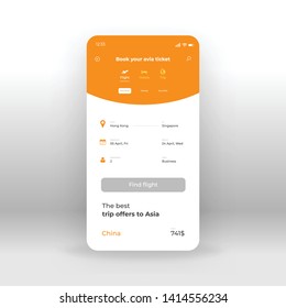 Orange online airways booking UI, UX, GUI screen for mobile apps design. Modern responsive user interface design of mobile applications including buy avia ticket screen