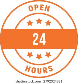 Orange open 24 hours circular badge with stars, isolated on white background for business and service promotions.