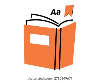Orange open book with bookmark and alphabet letters vector illustration. Education, literacy, school supplies, library services, academic learning, language study. Textbook with page marker