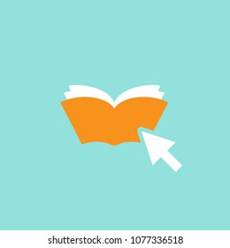Orange open book with cursor arrow isolated on blue background. Internet knowledge flat icon. Vector illustration. Online reading logo. 