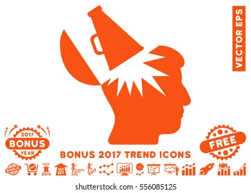 Orange Open Brain Megaphone pictograph with bonus 2017 year trend symbols. Vector illustration style is flat iconic symbols, white background.