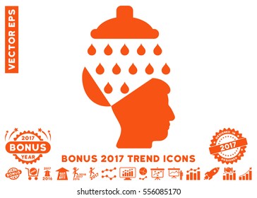 Orange Open Brain Shower icon with bonus 2017 year trend pictograph collection. Vector illustration style is flat iconic symbols, white background.