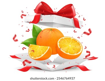 Laranja na caixa de presente aberta com um arco vermelho isolado no fundo transparente. Laranja fresco suculento como presente. Frutas maduras para uma alimentação saudável. Ilustração realista do vetor 3d.