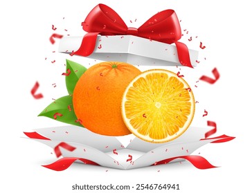 Laranja na caixa de presente aberta com um arco vermelho isolado no fundo transparente. Laranja fresco suculento como presente. Frutas maduras para uma alimentação saudável. Ilustração realista do vetor 3d.