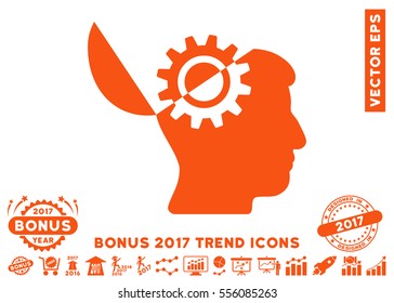 Orange Open Mind Gear pictograph with bonus 2017 year trend pictograph collection. Vector illustration style is flat iconic symbols, white background.