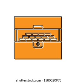 Orange Opened antique treasure chest icon isolated on white background. Vintage wooden chest with golden coin.  Vector Illustration