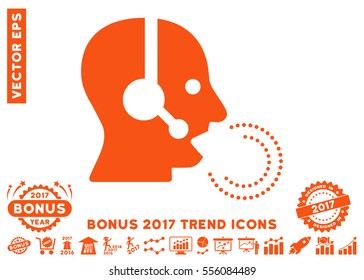 Orange Operator Speech icon with bonus 2017 year trend images. Vector illustration style is flat iconic symbols, white background.