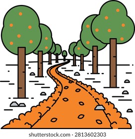 Orange Orchard Path Vector Illustration with Fruit Trees